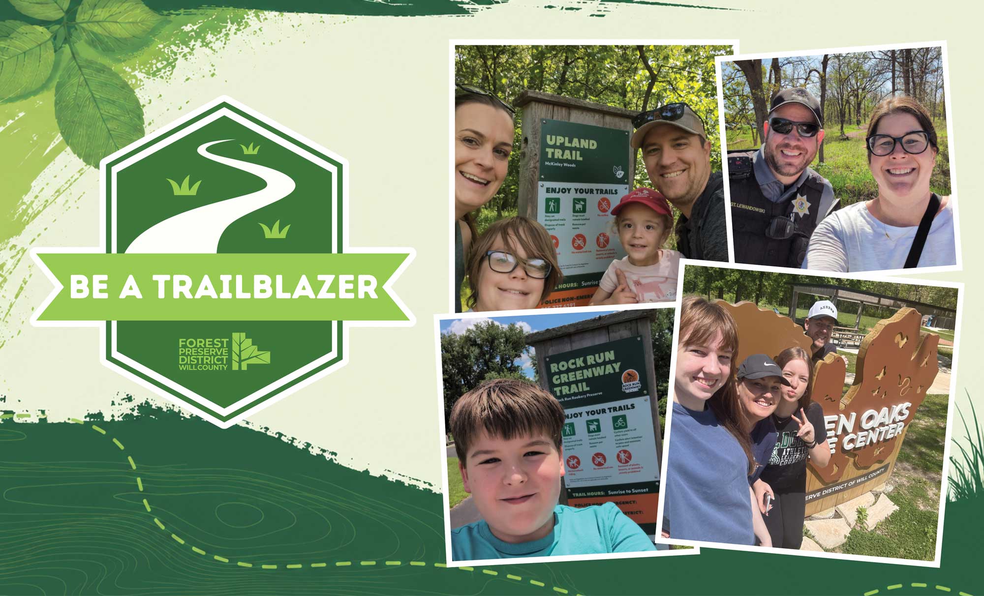 A collection of portaits, with a green Be a Trailblazer logo. 