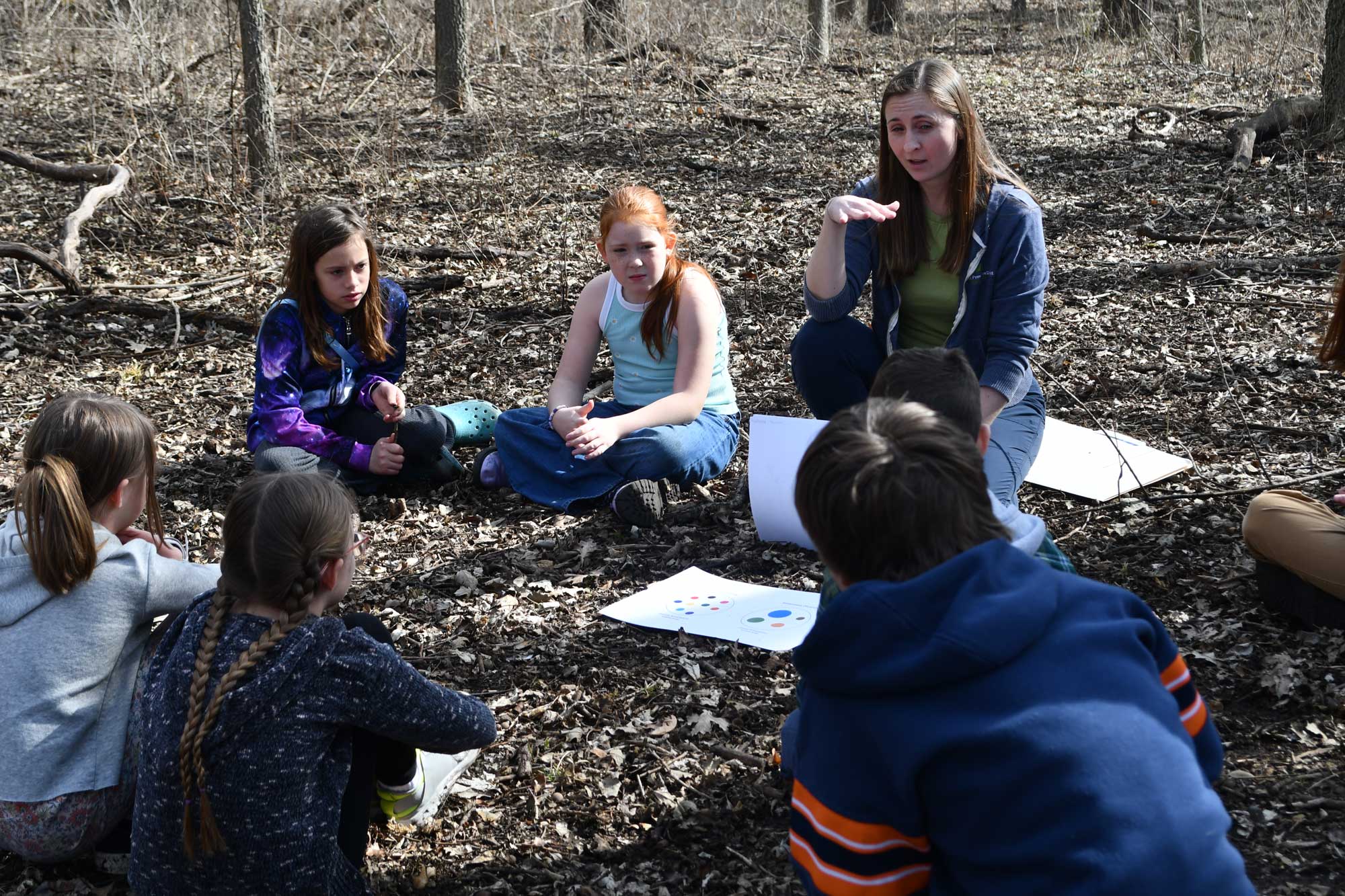A group of children and one adult sitting in a circle on the ground covered in leaves. 