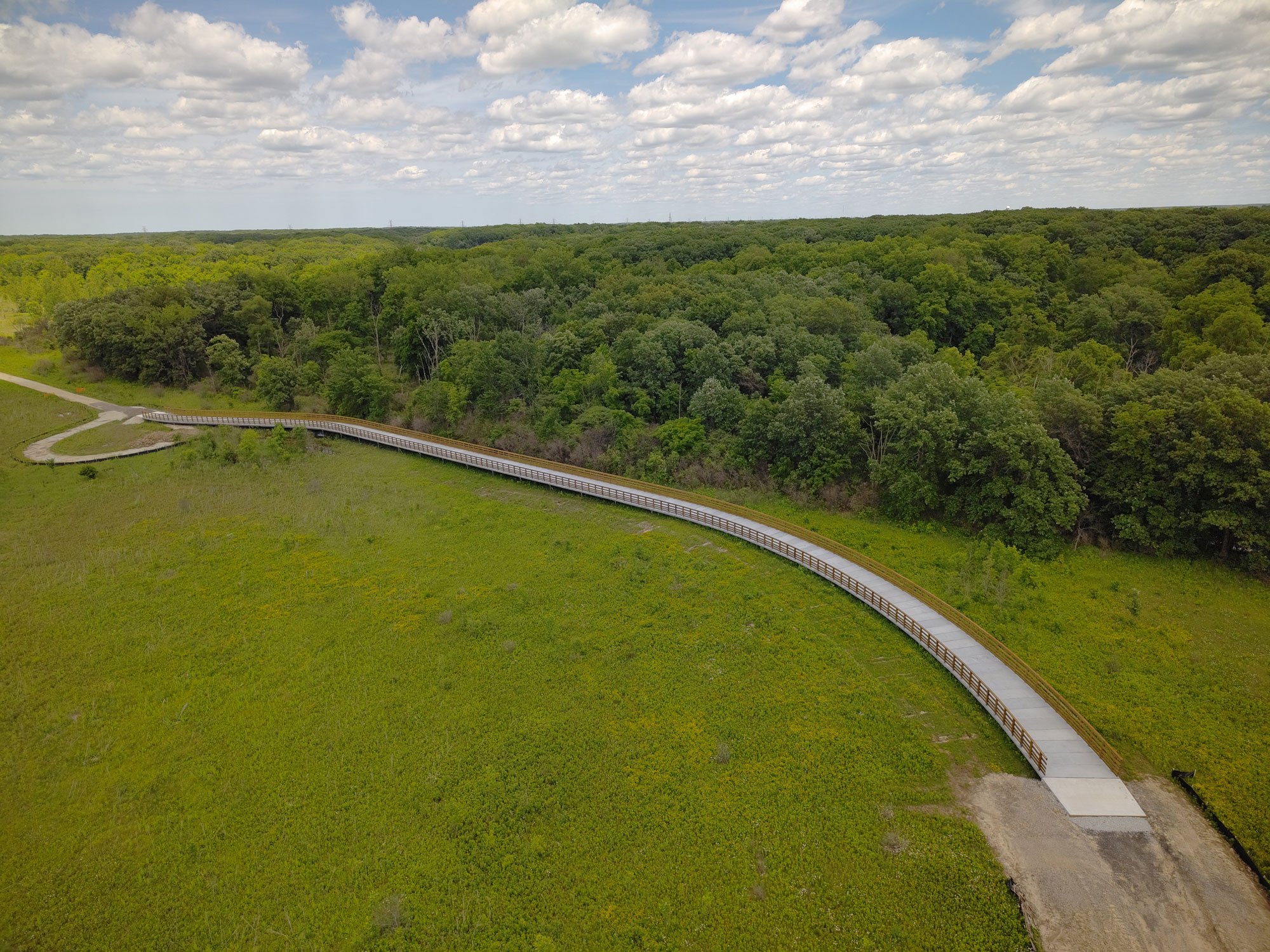 Aerial view of newly installed walking bridge.