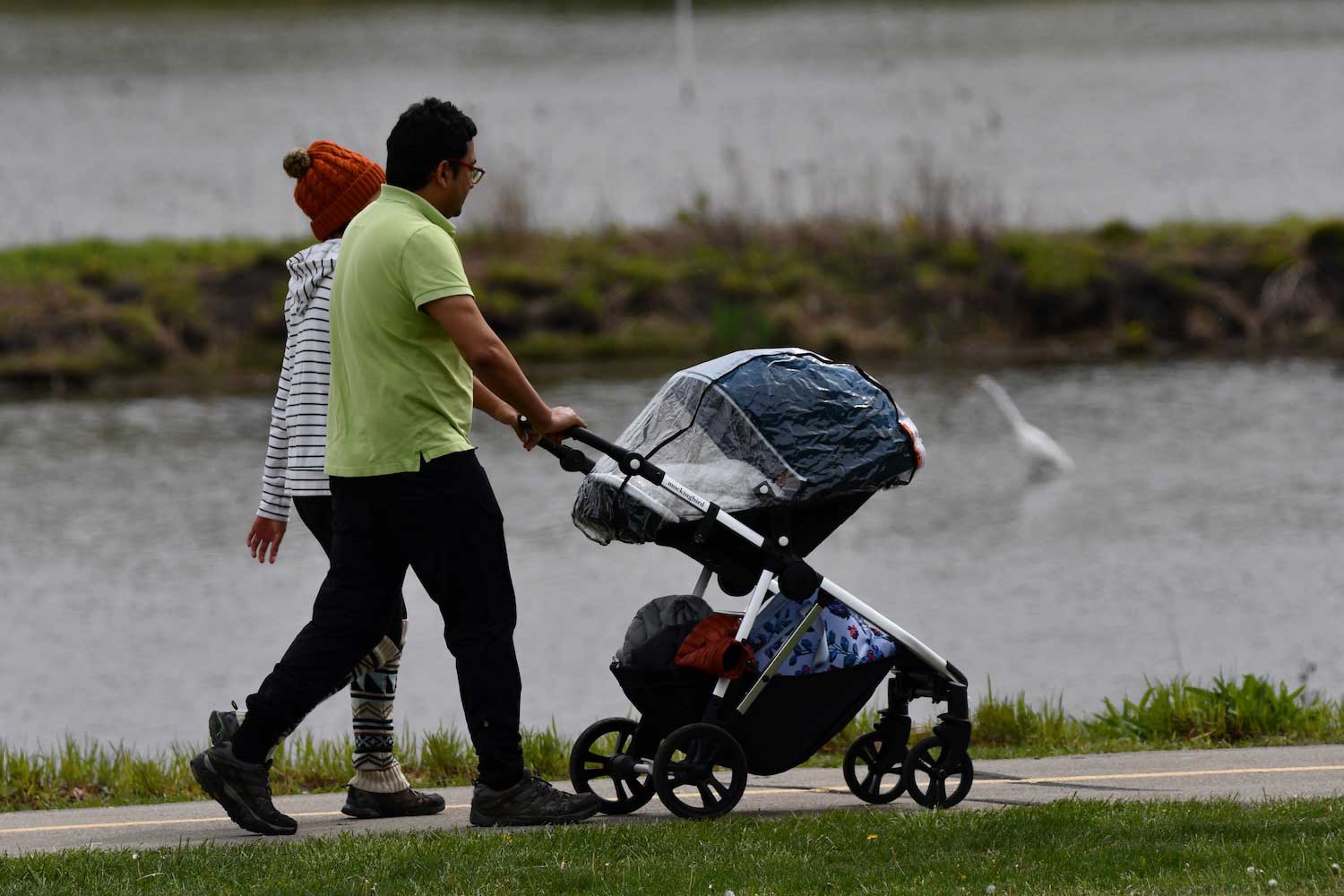 a man pushing a stroller by a lake