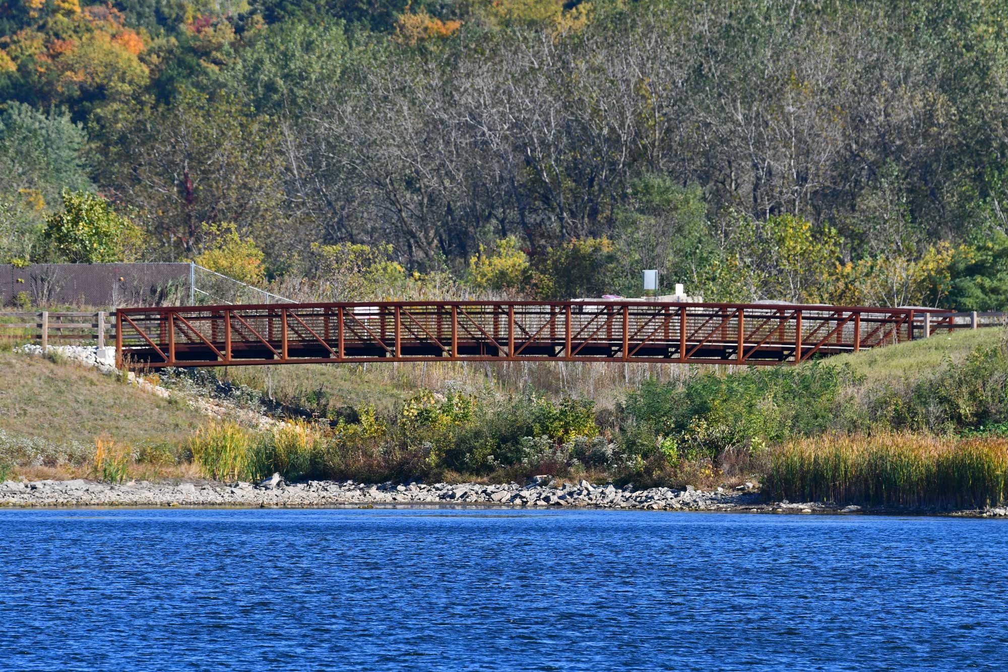 Lake with walking bridge, grasses, and trees in the background.