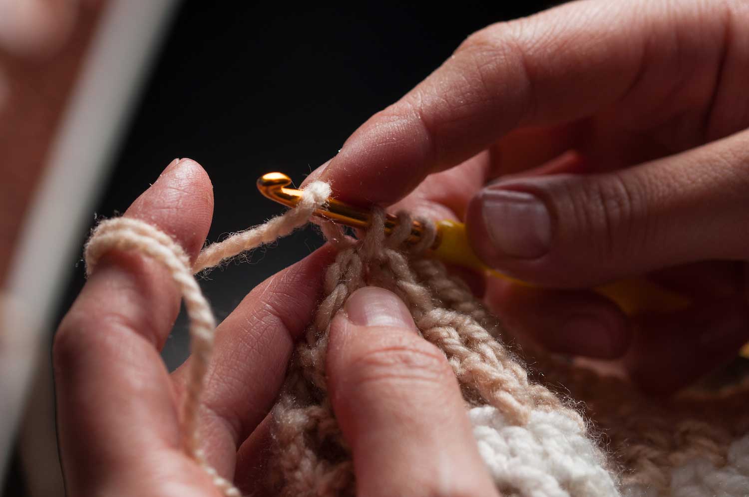 A closeup of a person's hands holding crochet hooks and yarn.