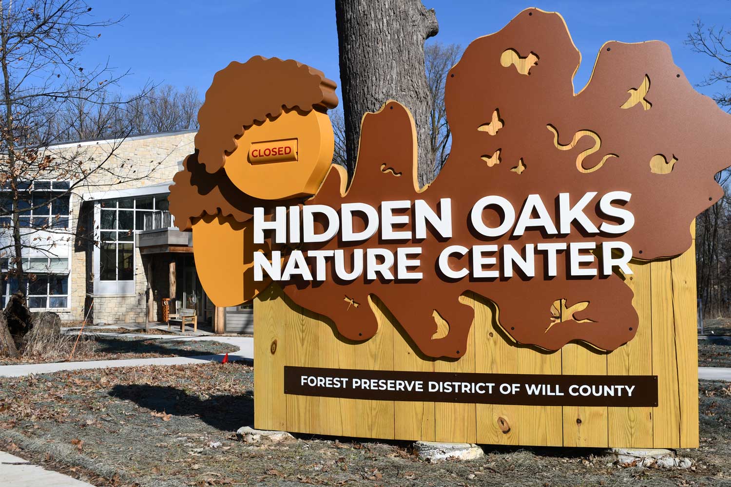 Nature center sign in front of the nature center.