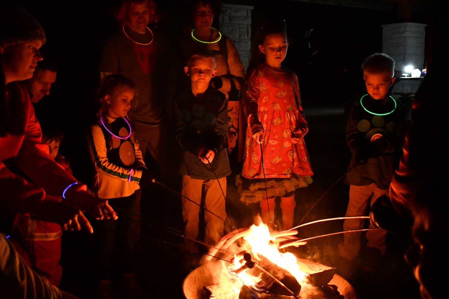 A group of kids roasting marshmallows over a campfire.