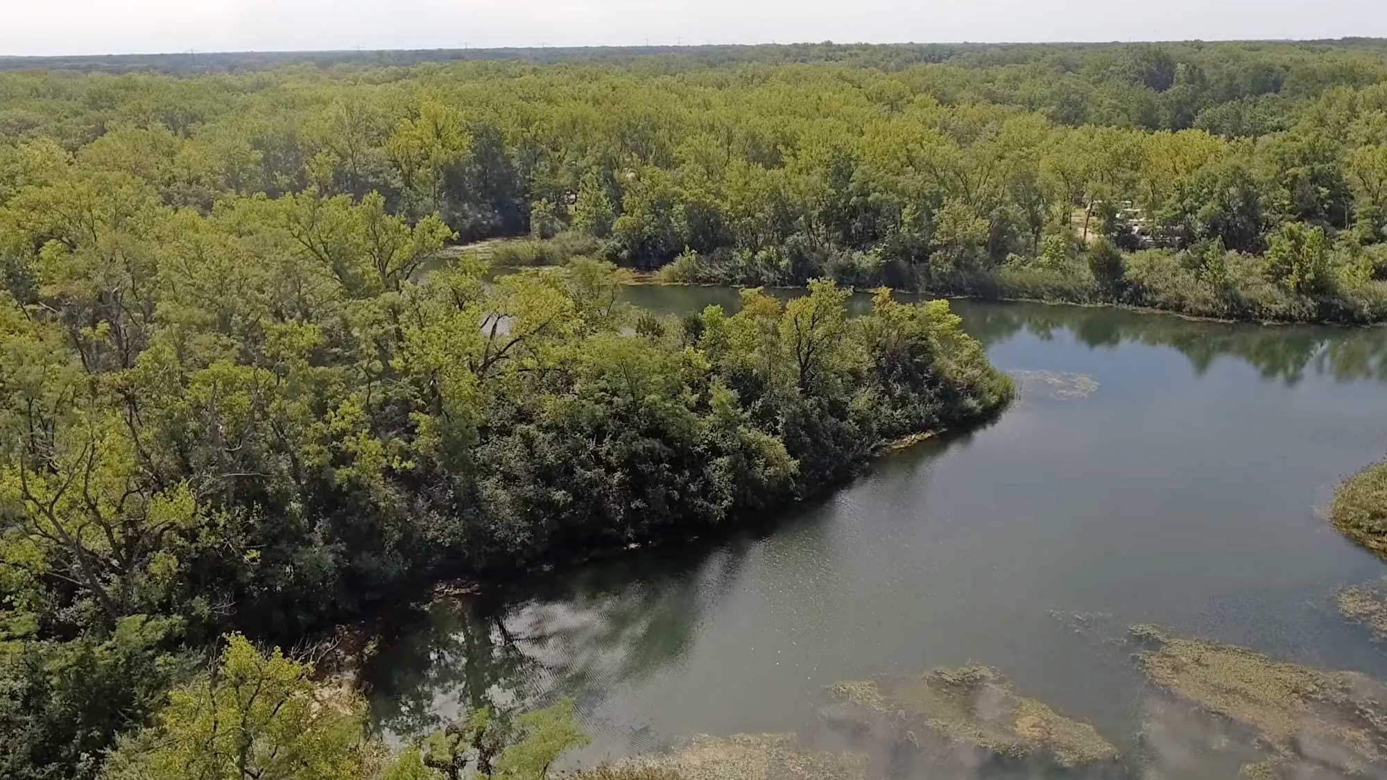 Aerial view of a preserve, with trees and water.