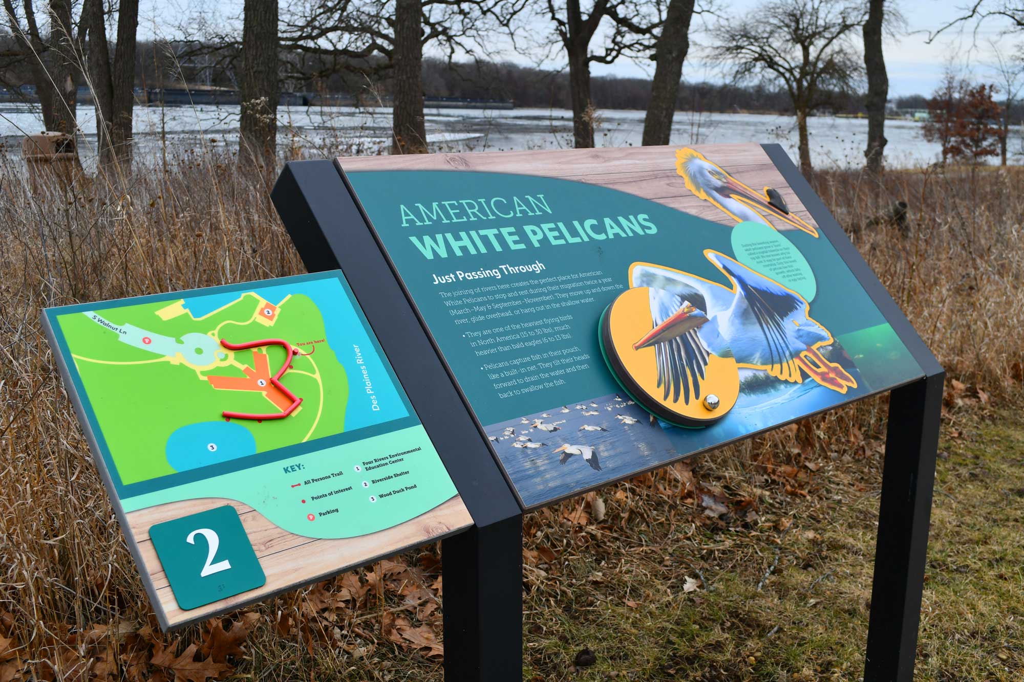 Interpretive signage at Four Rivers along trail with trees in the background.