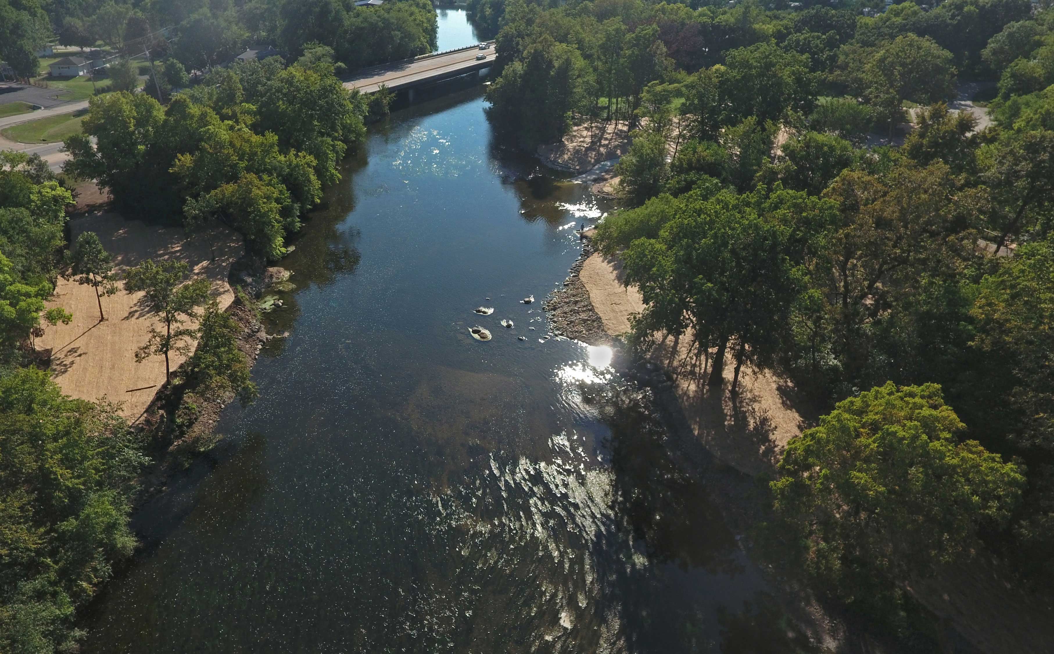 An aerial view of the area where the dam once sat.