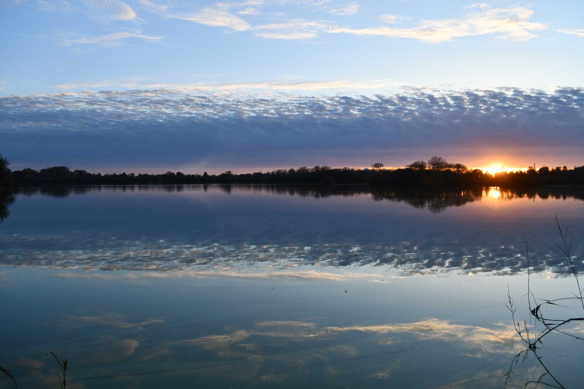 Lake with sunset in the background.
