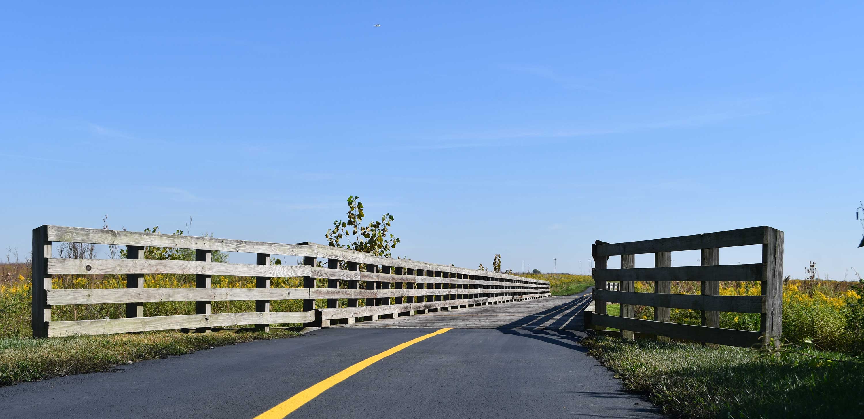 Paved trail leading onto a wooden bridge surrounded by tall grass and blooming yellow prairie wildflowers under a clear blue sky.