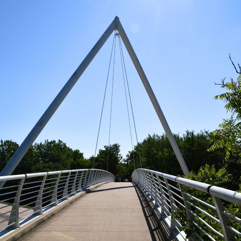 A modern pedestrian bridge with white railings and tall support cables stretches over a wooded area under a clear blue sky.