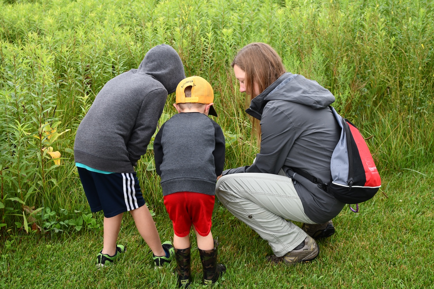 An adult and two young children crouched down in the grass looking at something. Tall grasses are in the background.