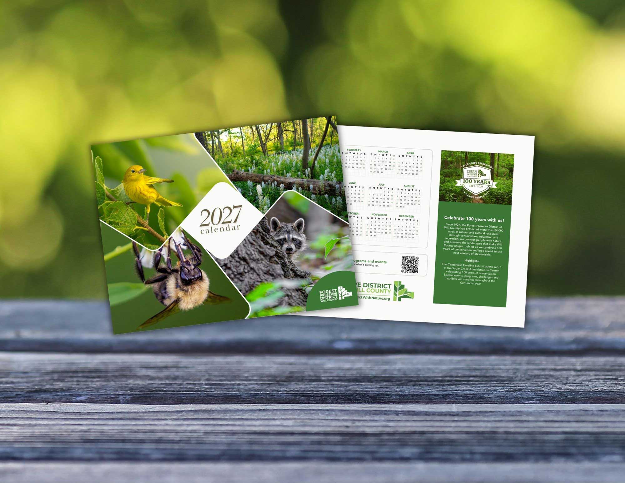 Screenshots from a 2027 calendar, including the cover stating 2027 calendar and images of a bird, a bee, a raccoon and a landscape of flowers in a forest, on a blurred background.