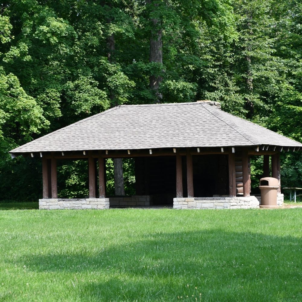 A wooden picnic shelter sits in a grassy clearing bordered by dense green trees on a sunny day, with a picnic table and trash can nearby.