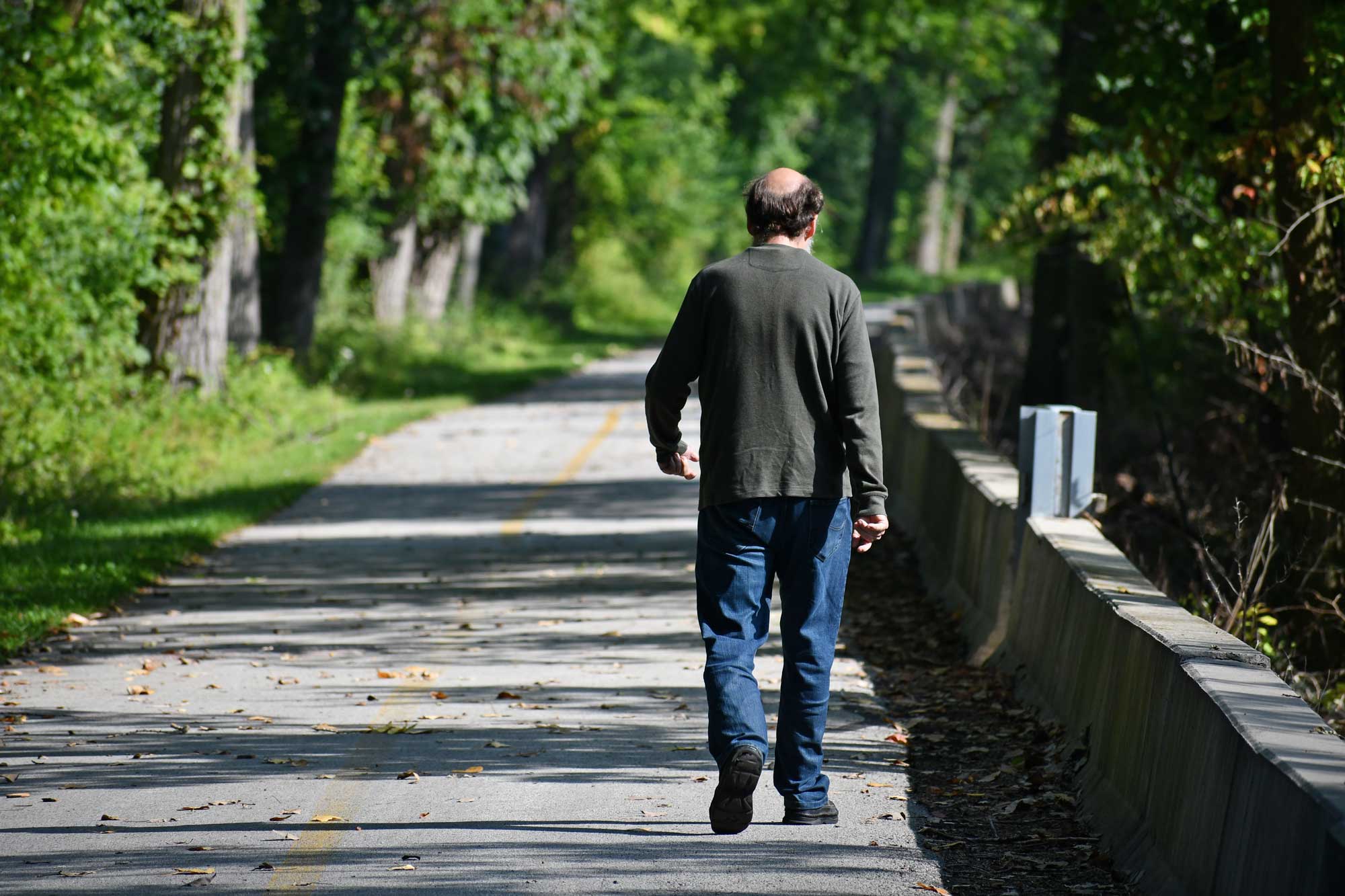 Person walking on a paved trail lined by trees.