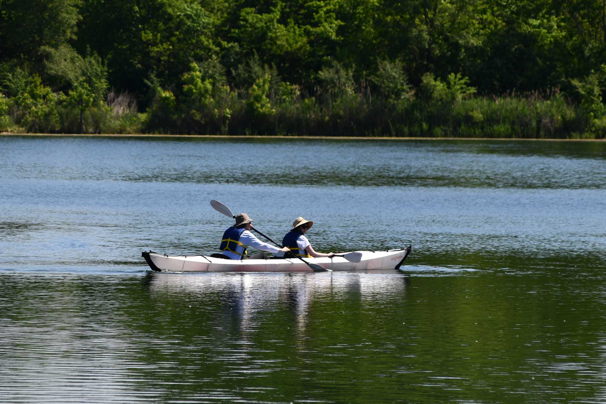 Two people canoeing with water and trees in the background.