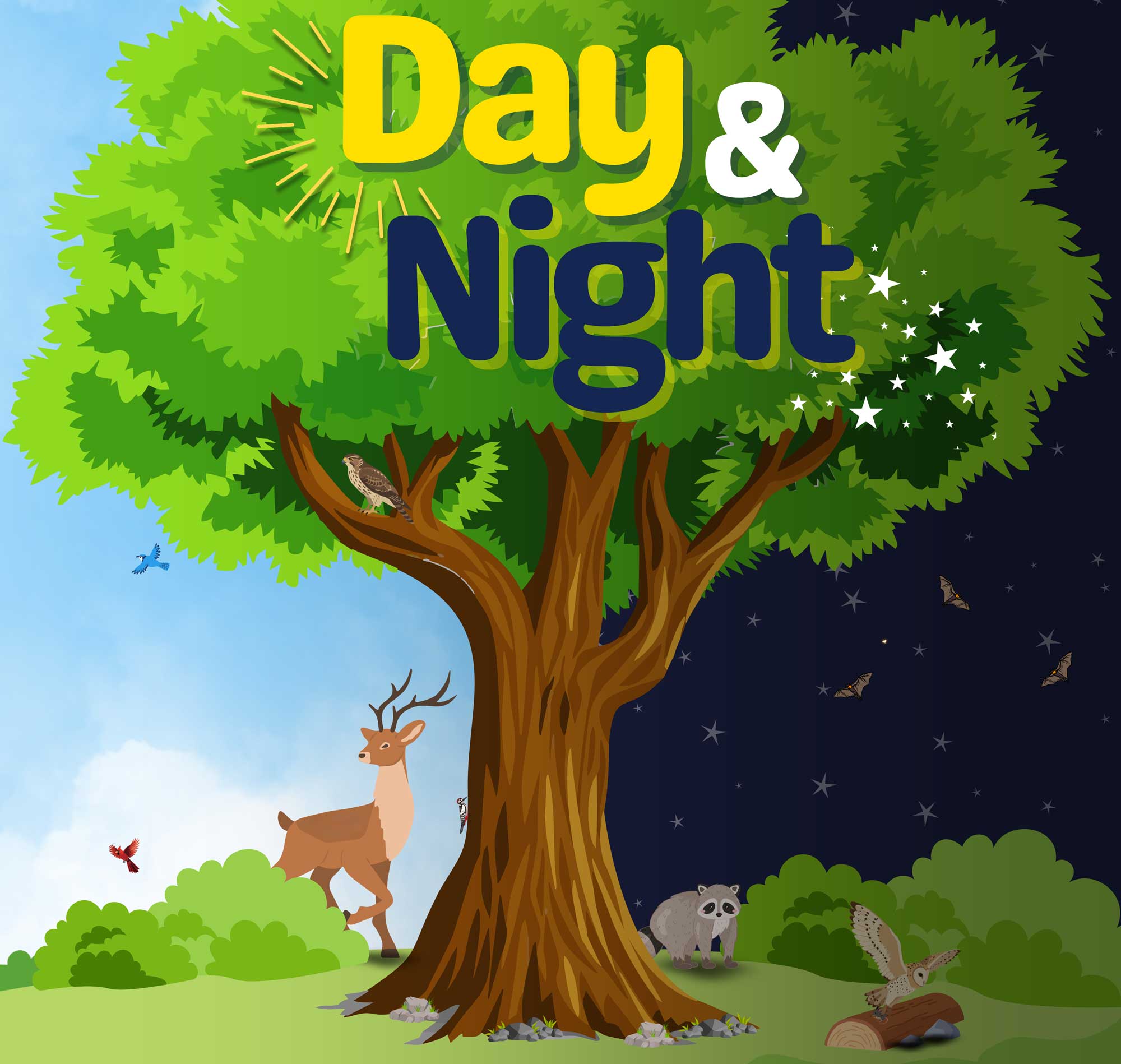 An illustration of a tree with one half showing it in the daytime and one half at night.