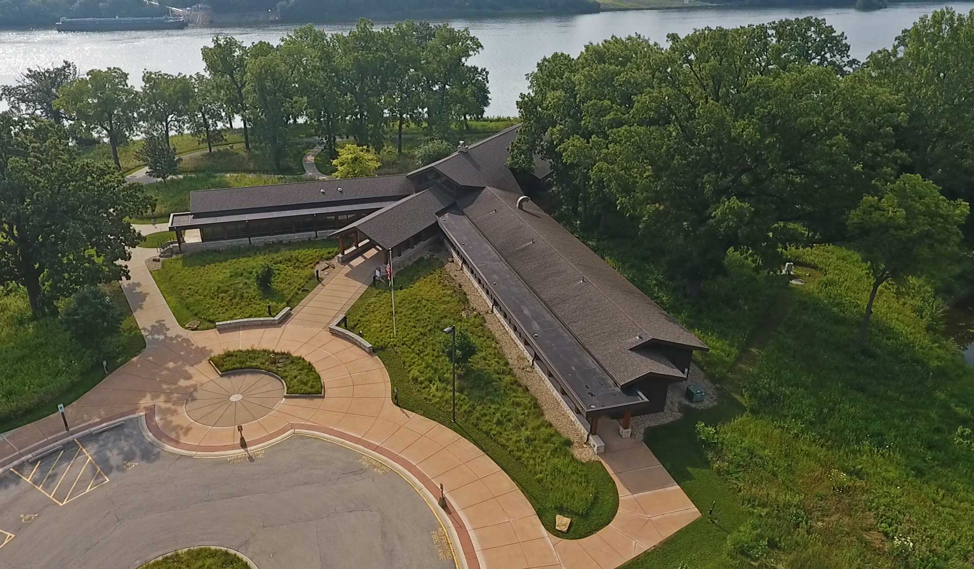 An aerial view of a building.
