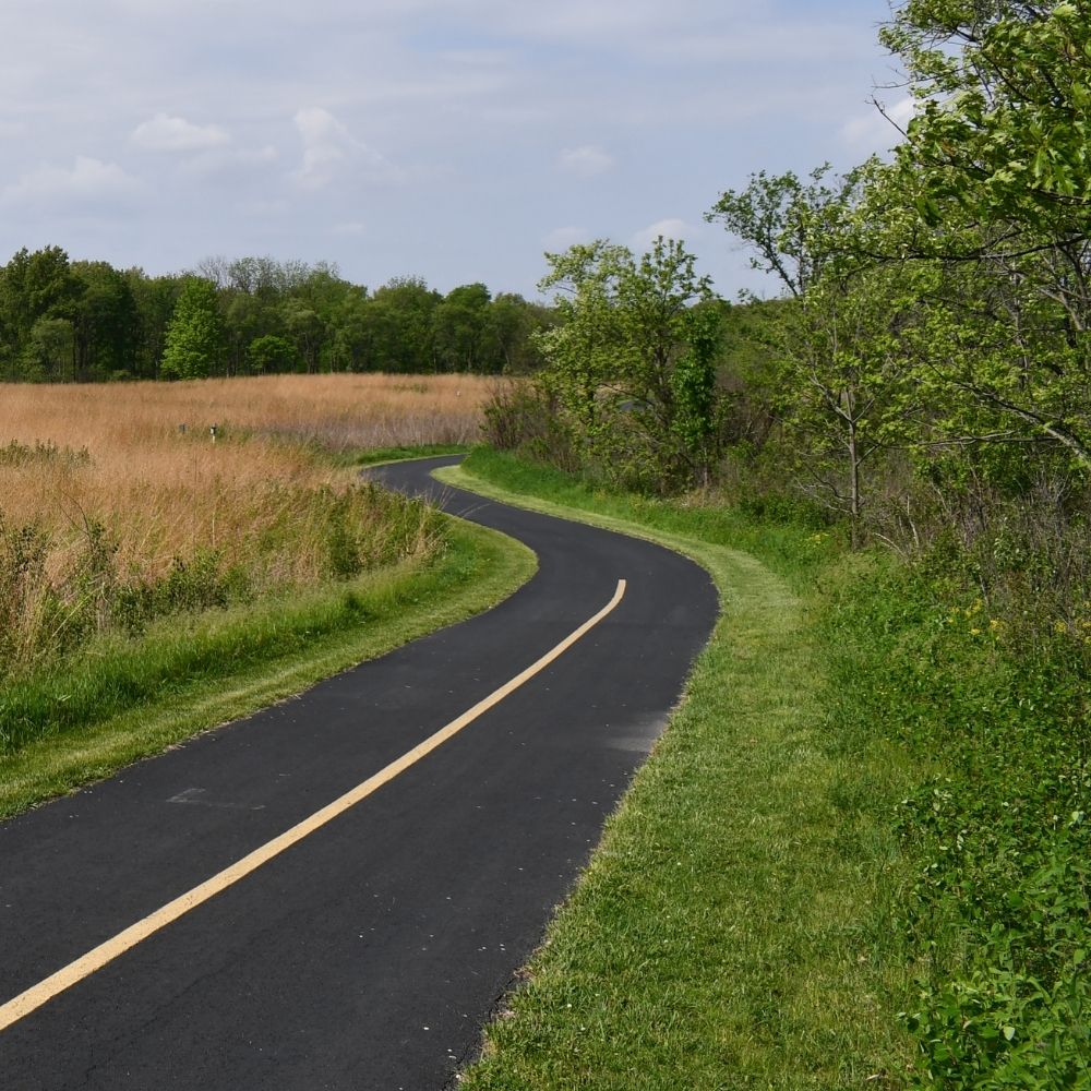 A winding paved trail curves through a natural landscape bordered by prairie grasses and green trees under a cloudy sky.