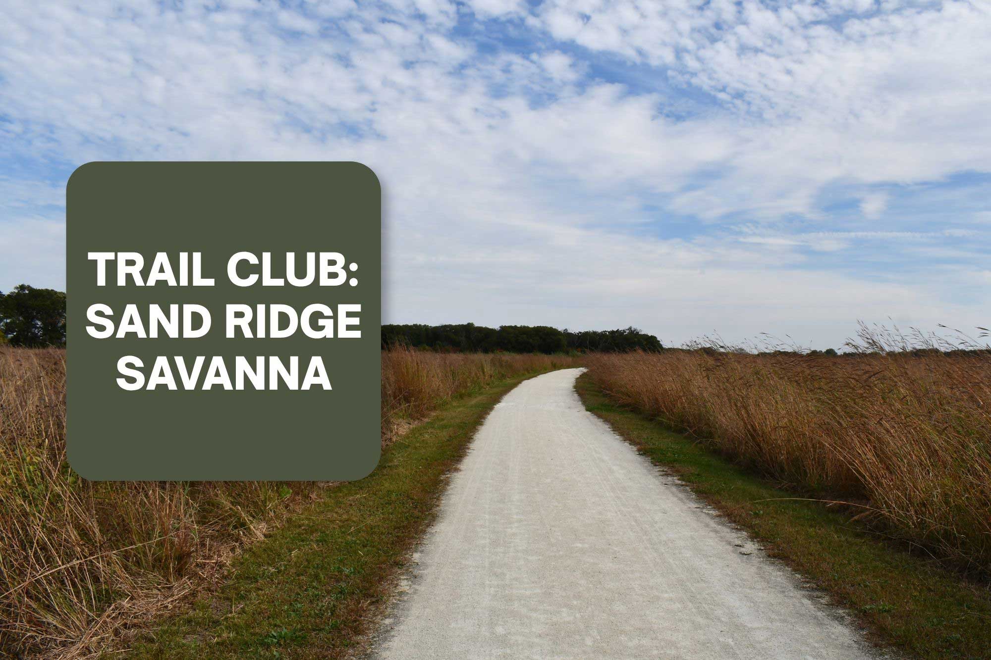 A limestone trail cutting through a prairie with brown grasses. Text say Trail Club: Sand Ridge Savanna