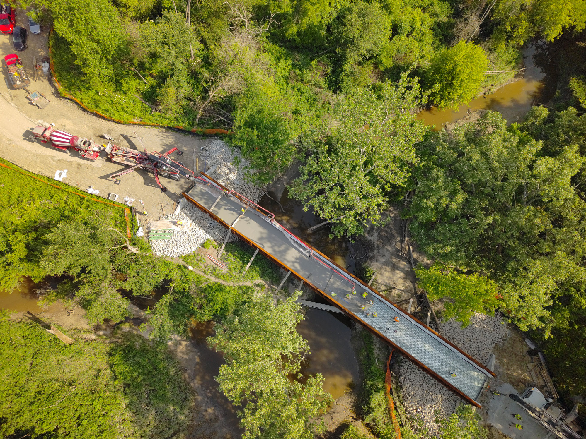 Aerial view of walking bridge installation.
