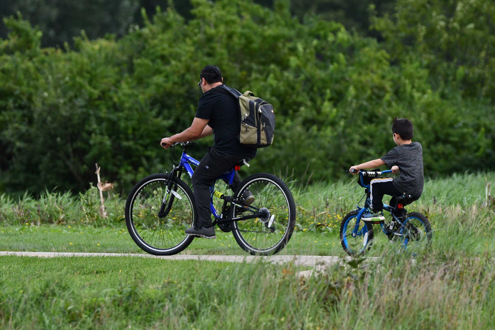 People biking on paved trail with vegetation in the background.