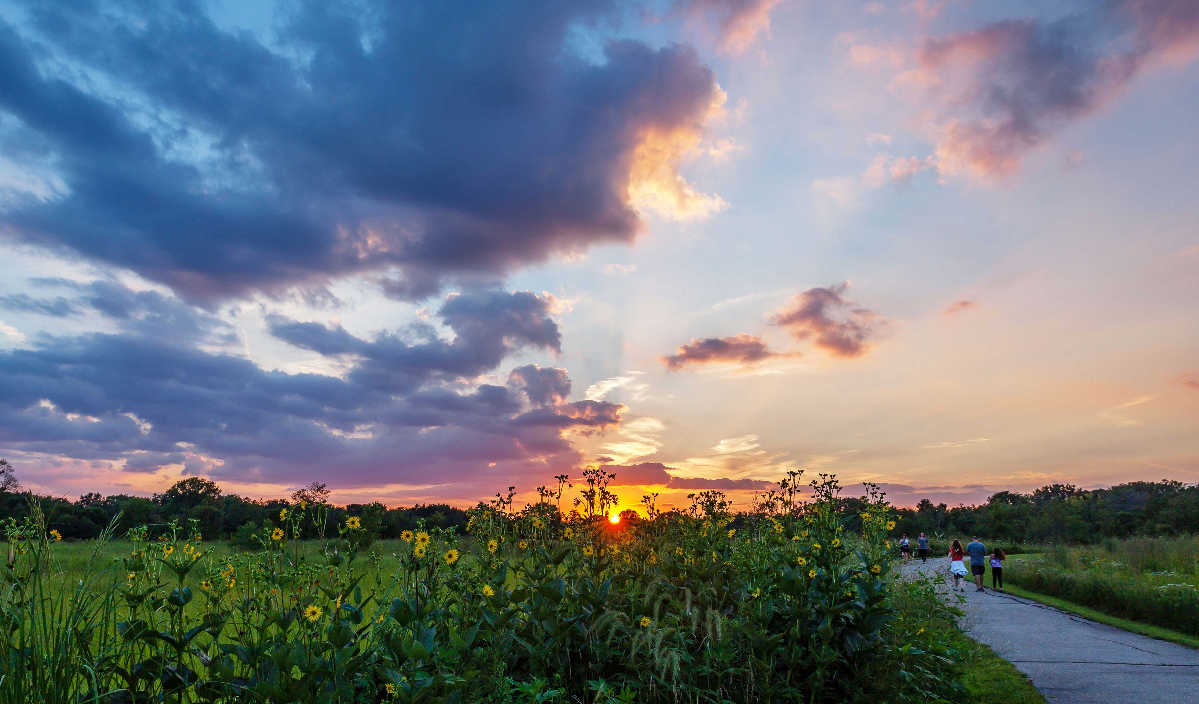 Trail users during sunset at Hickory Creek Preserve.