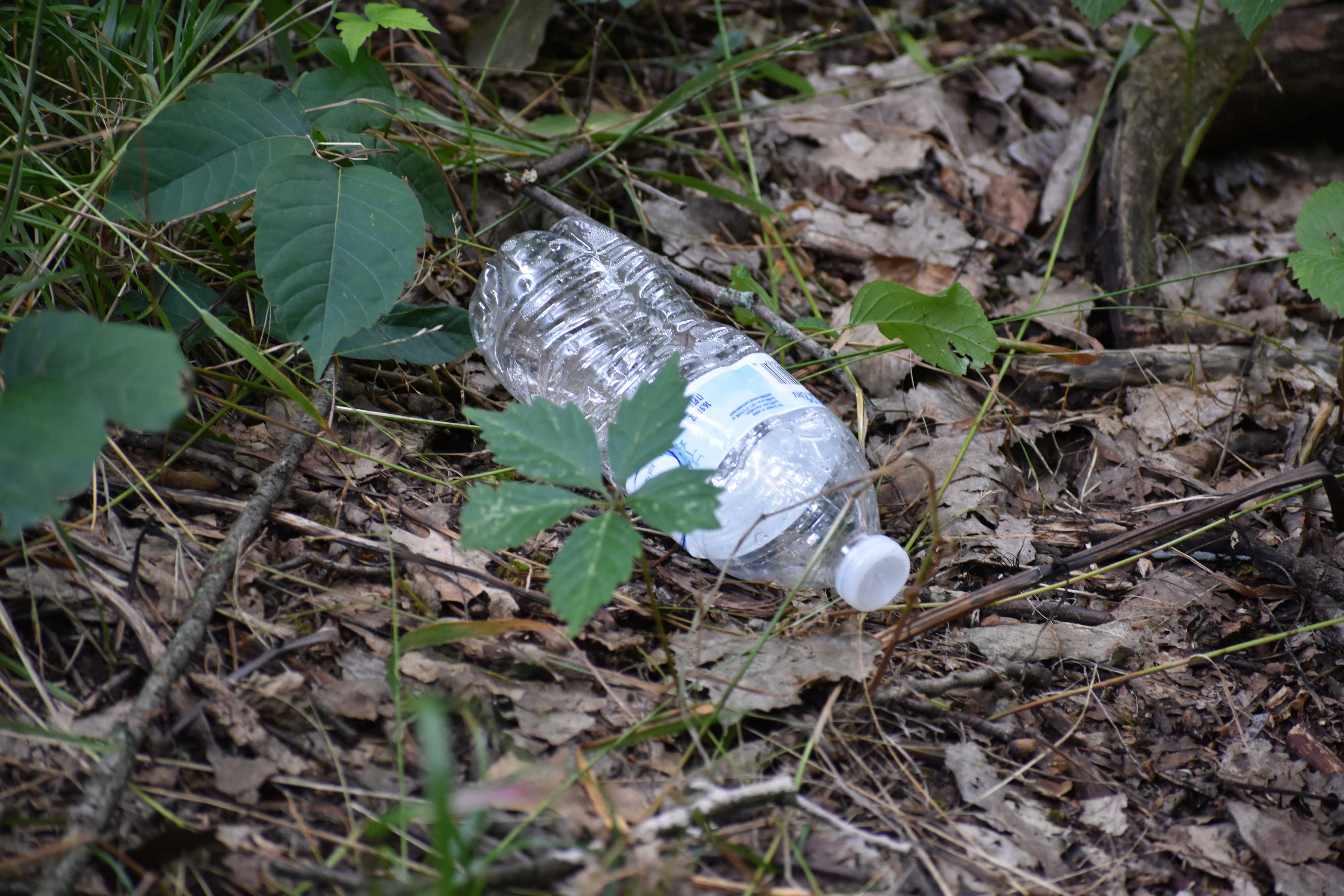 A plastic bottle on the ground.