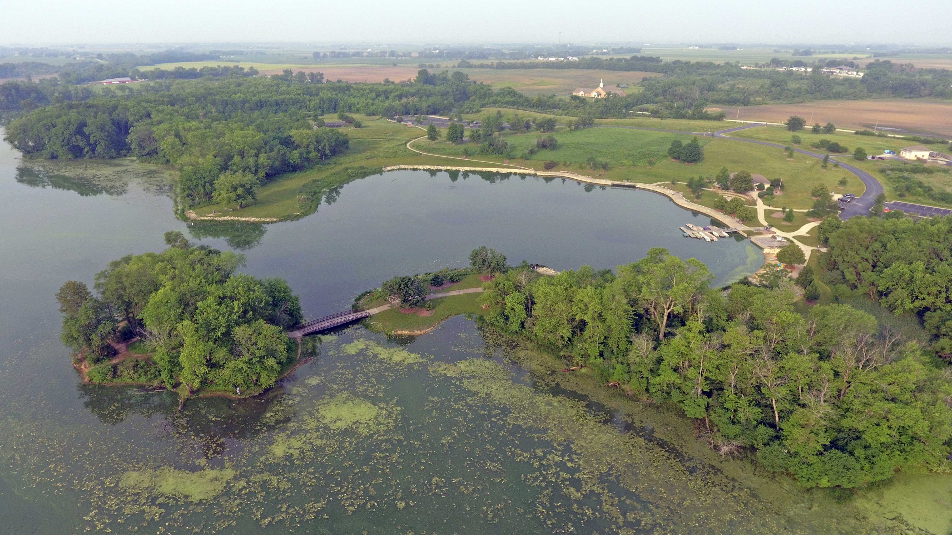 An aerial view of Monee Reservoir's bodies of water and trails.