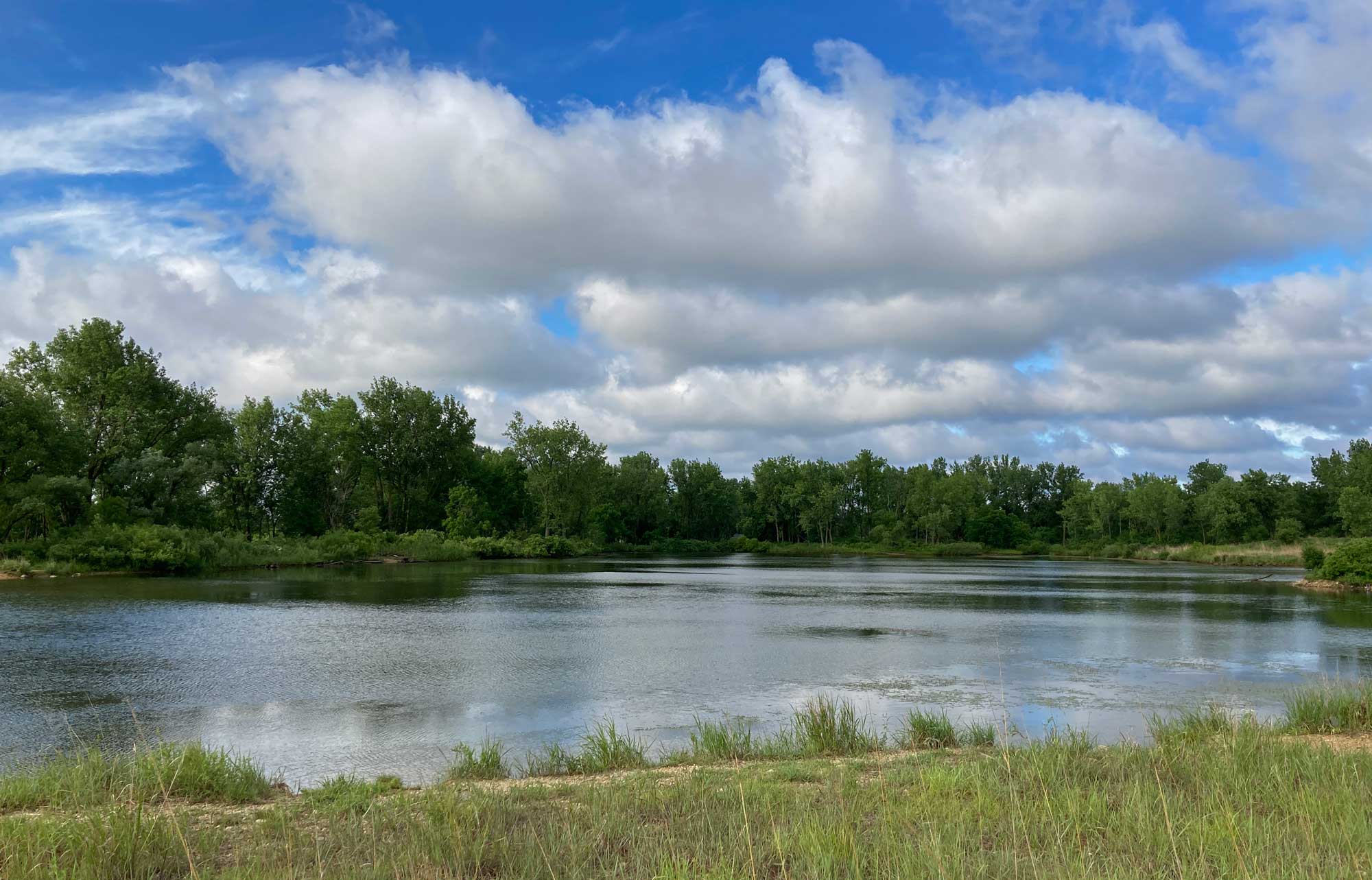Pond with trees in the background and a partly cloudy sky overhead.