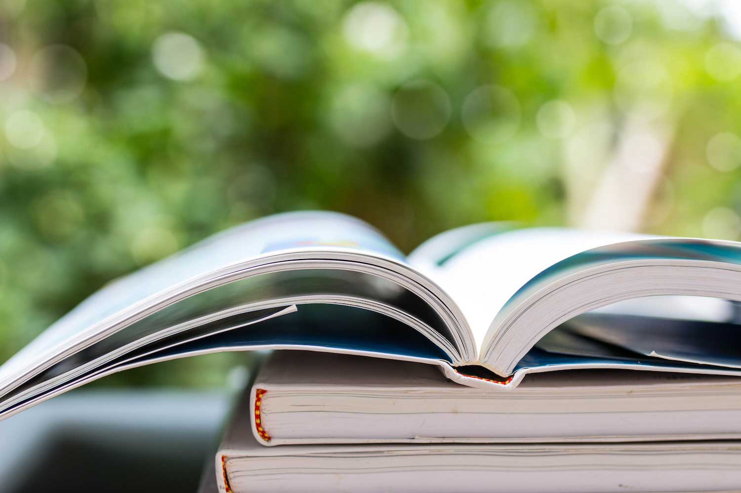 A stock of books with the top booked open. Trees are visible in the background.