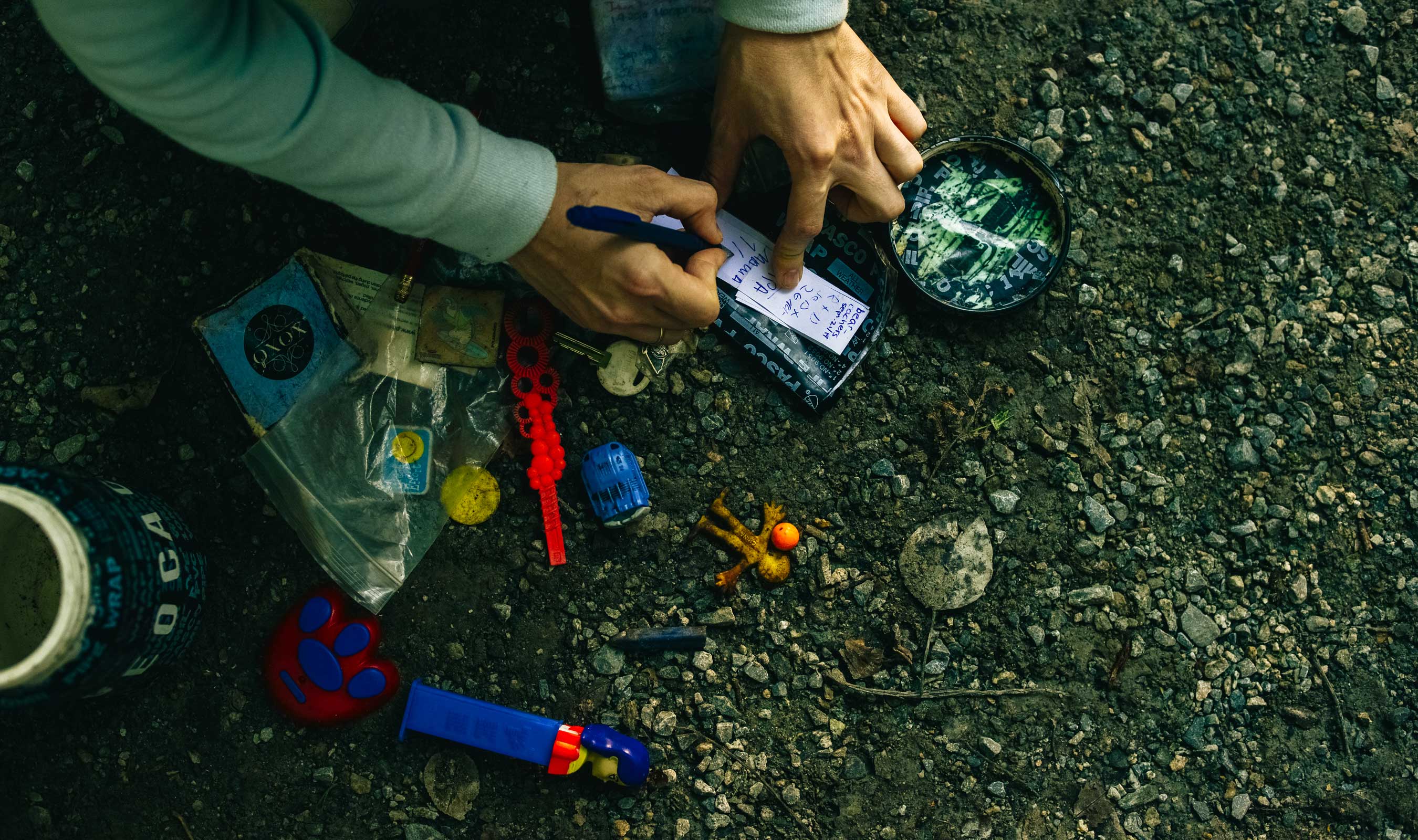 A geocache on the grass.