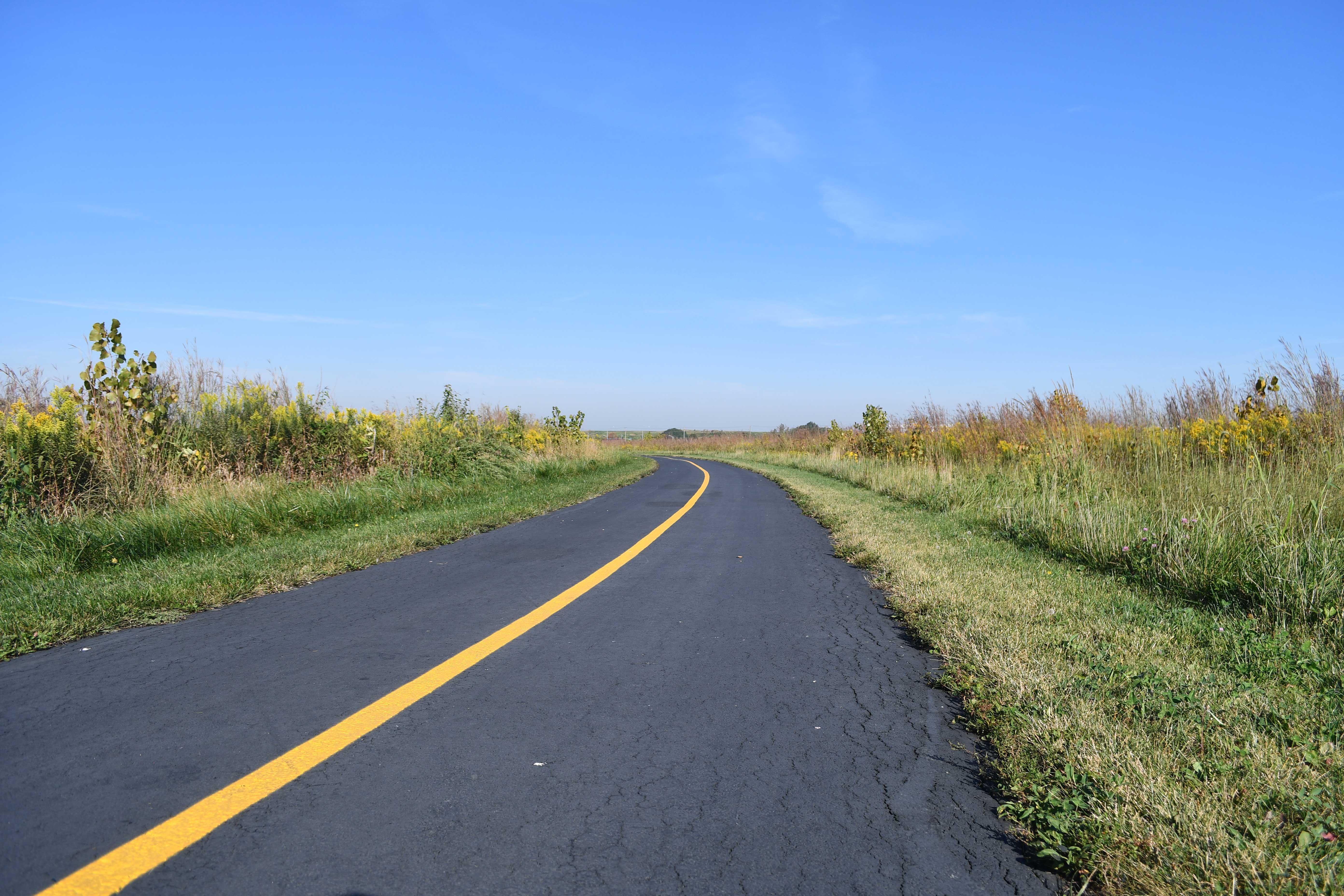 Paved trail leading onto a wooden bridge surrounded by tall grass and blooming yellow prairie wildflowers under a clear blue sky.