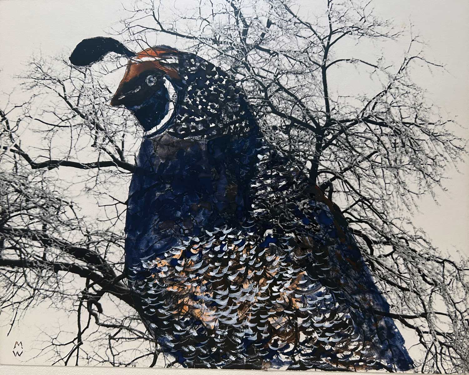 A painting of a California qual imposed on a photograph of a tree.