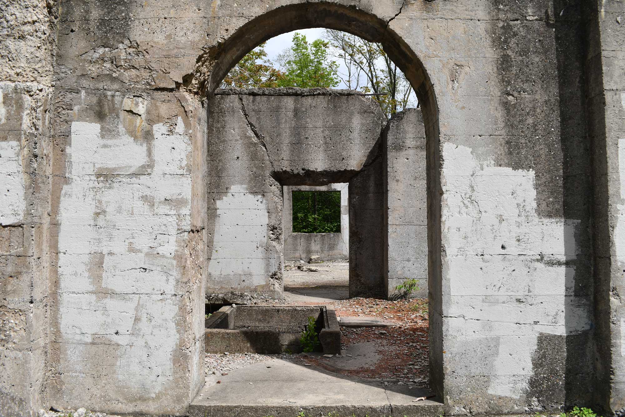 Concrete ruins standing with trees in the background.