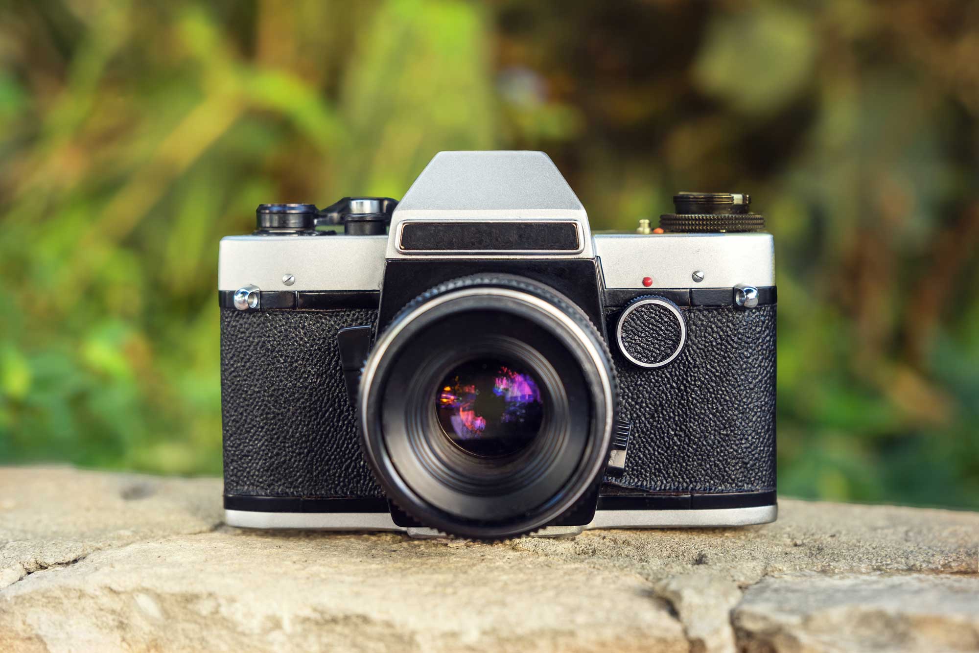 A vintage camera with trees in the background.