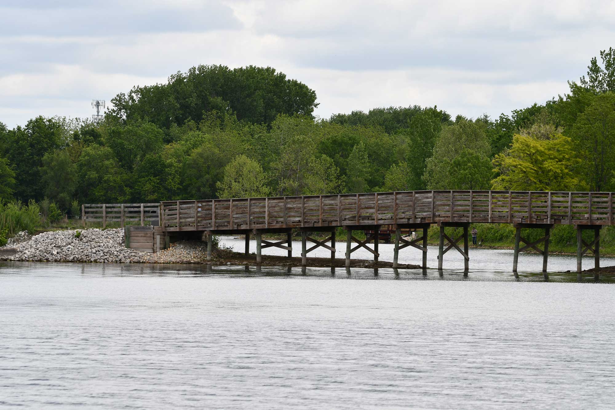 Wooden bridge with water in the foreground and trees in the background.