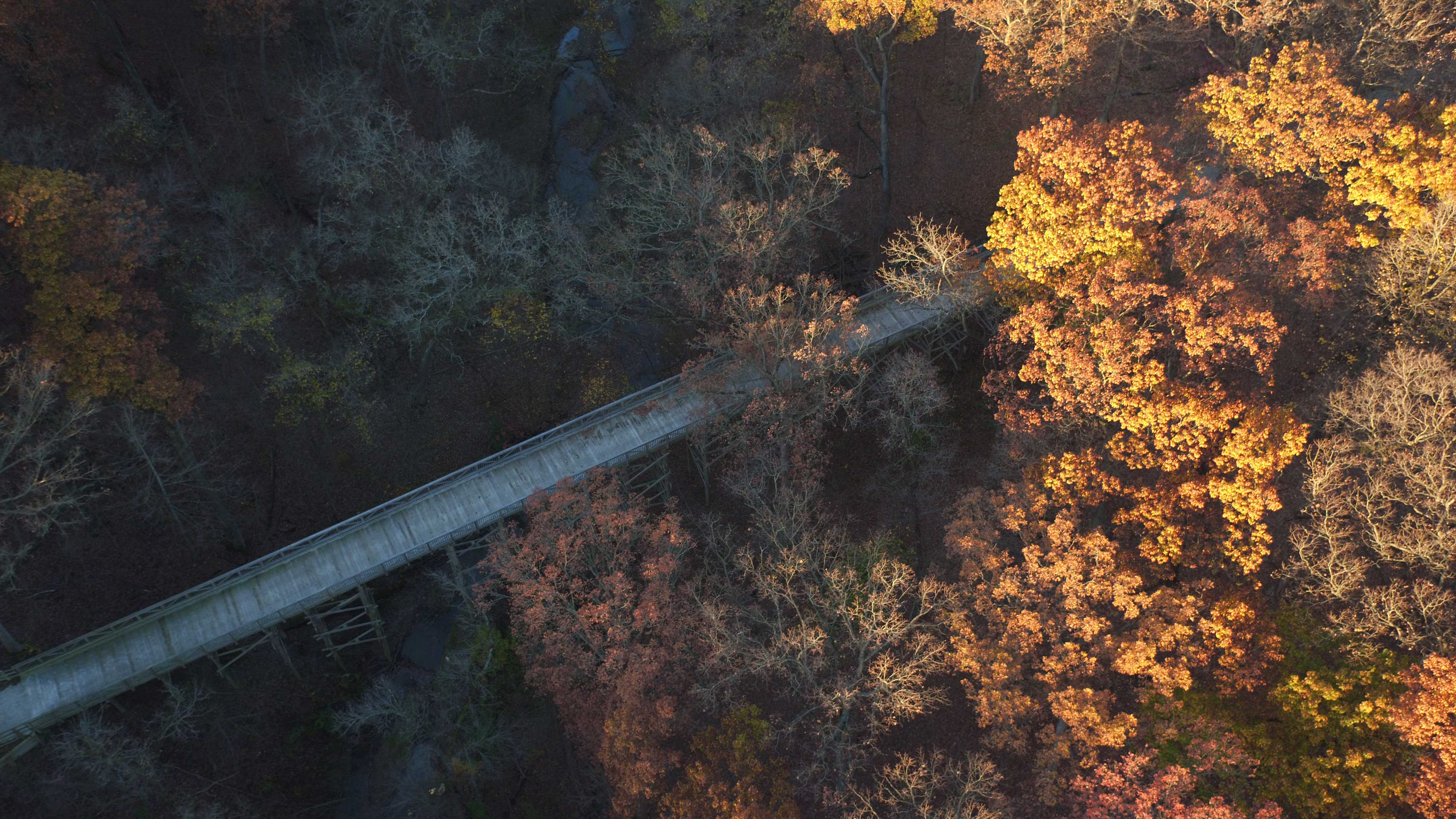 An aerial view of the big bridge along the Plum Creek Greenway Trail.