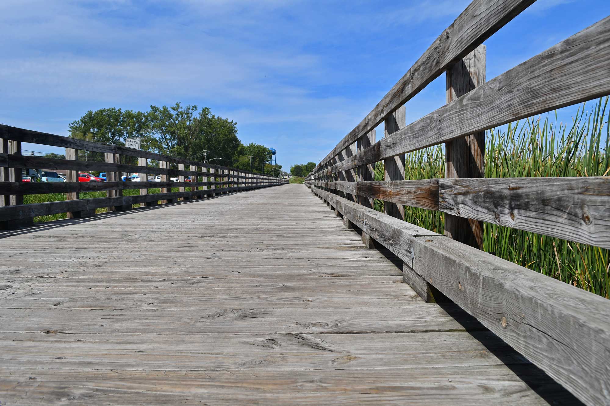 Wooden bridge with vegetation nearby.