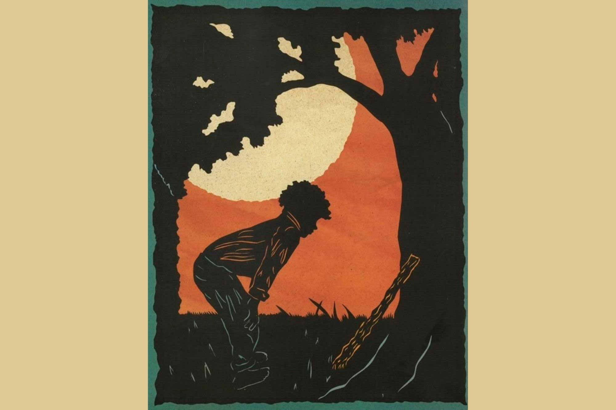 An illustration of a boy bending over looking at a stick resting on a tree. 