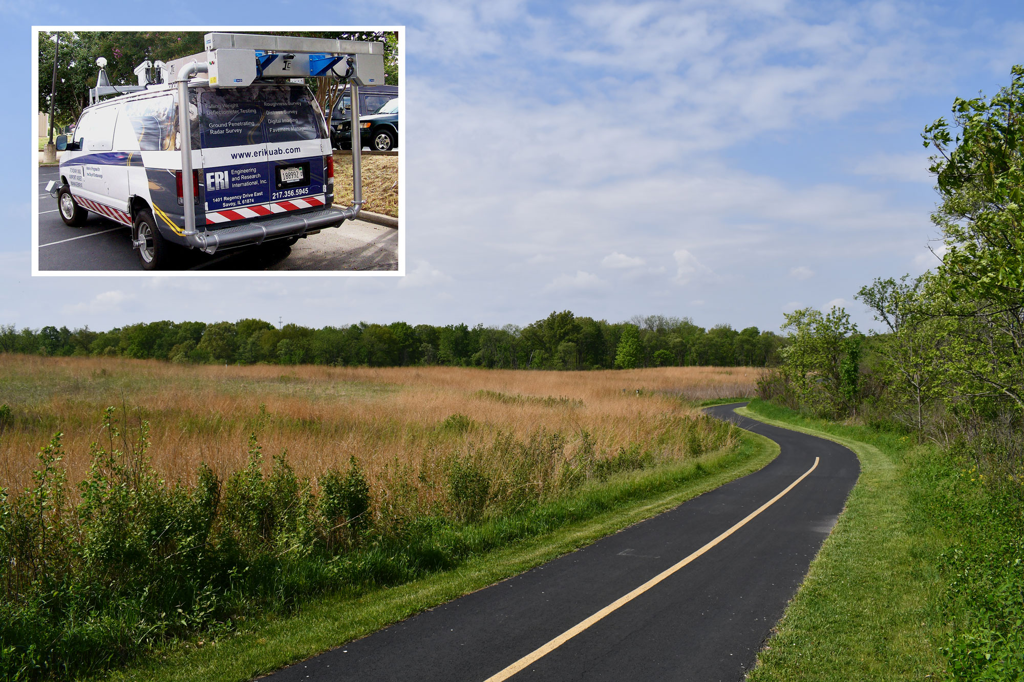 Image of paved trail with grasses and an inset of a white and blue van.