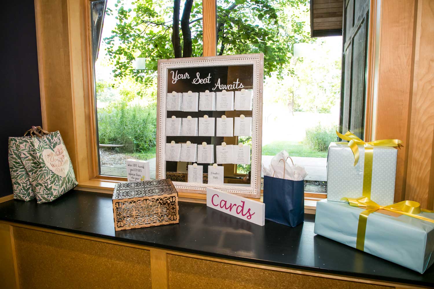 Gift and card are setup at a wedding.