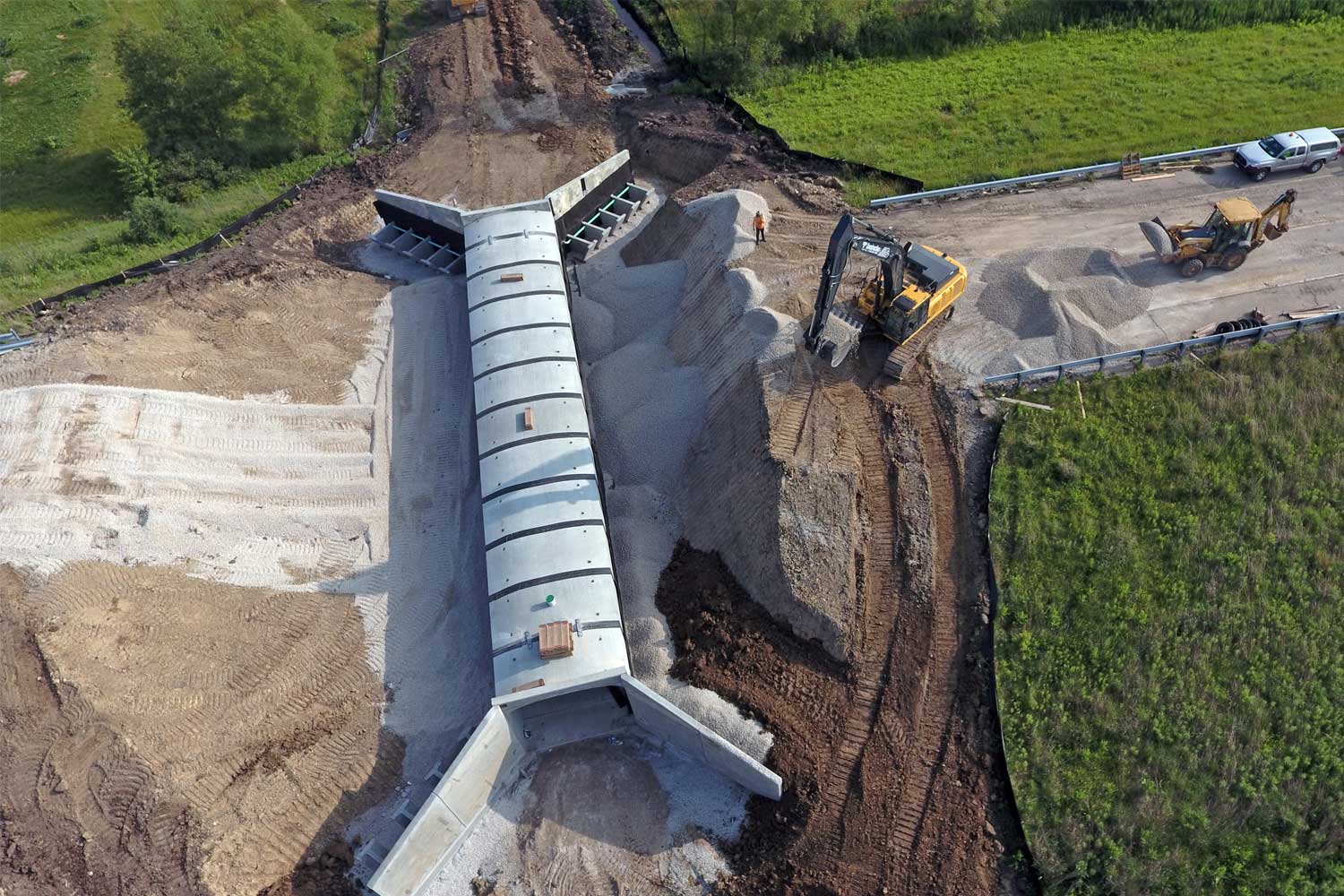 Aerial view of tunnel being installed under roadway