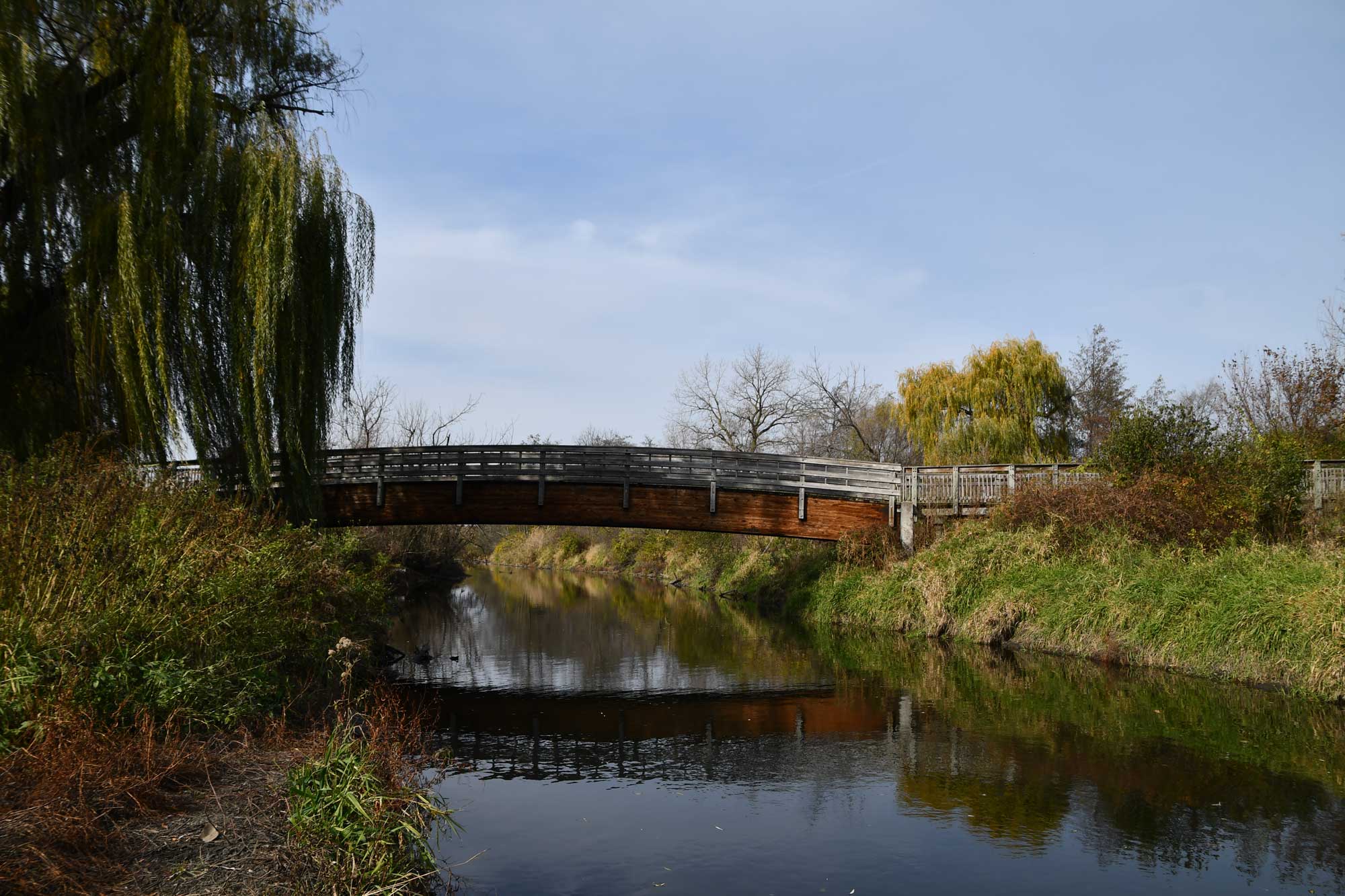A bridge spanning a river.