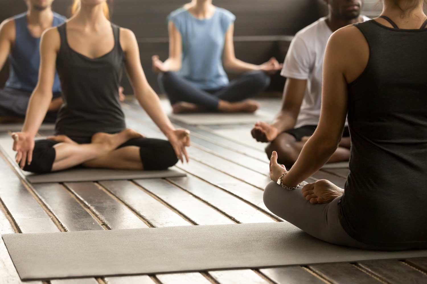 A group of people sitting cross-legged on yoga mats on the floor.