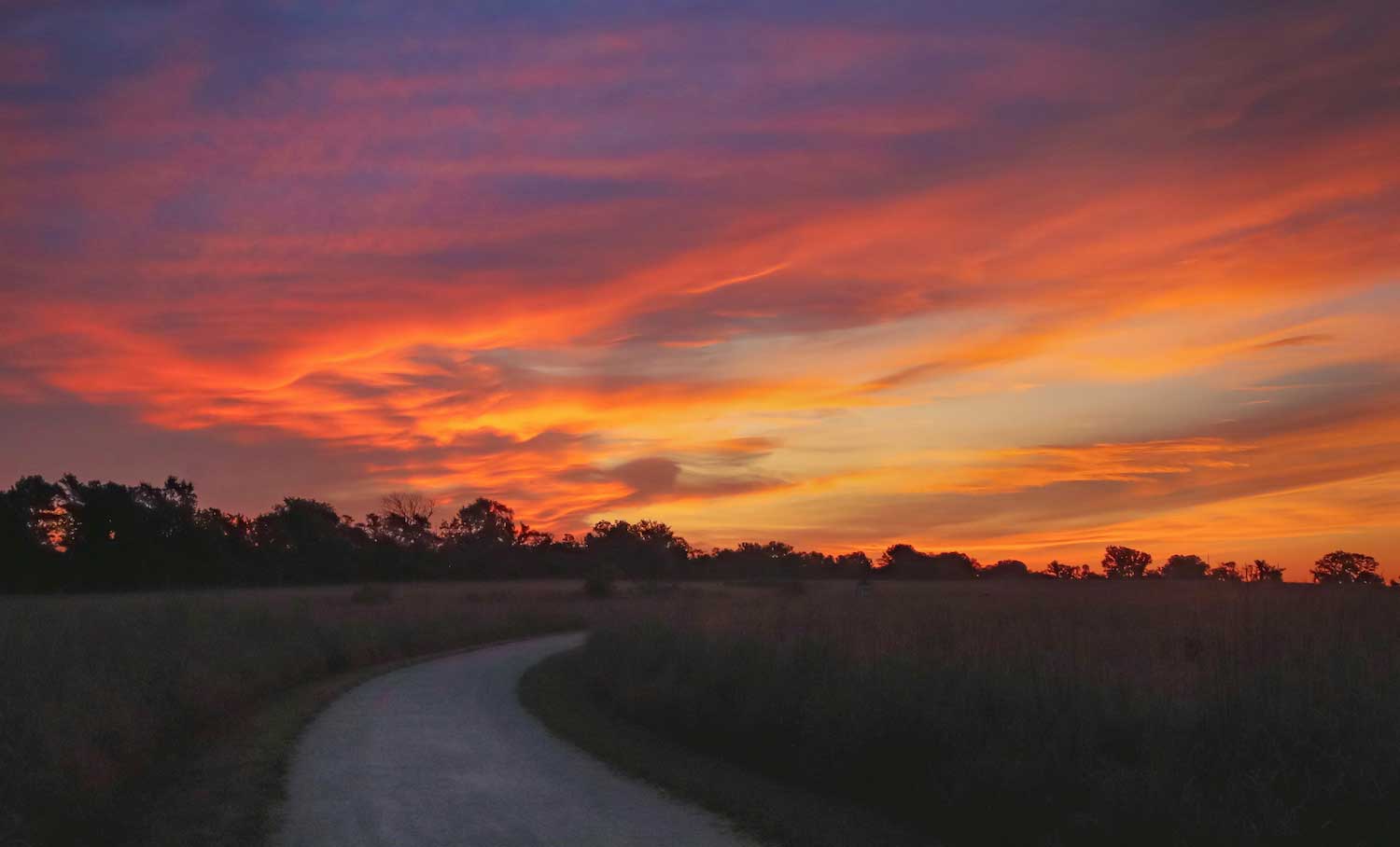 A trail cutting through a prairie with the sky overhead colored shades of pink and orange by the sunset.