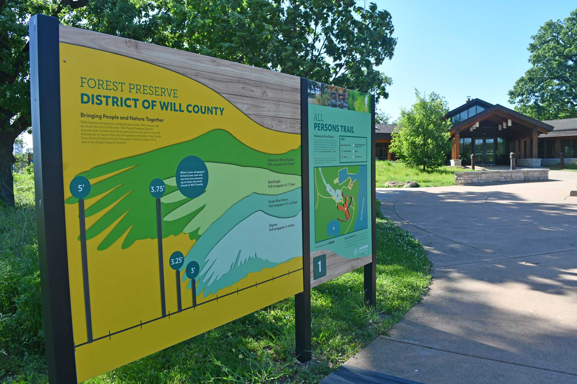 All Persons Trail sign in front of nature center.
