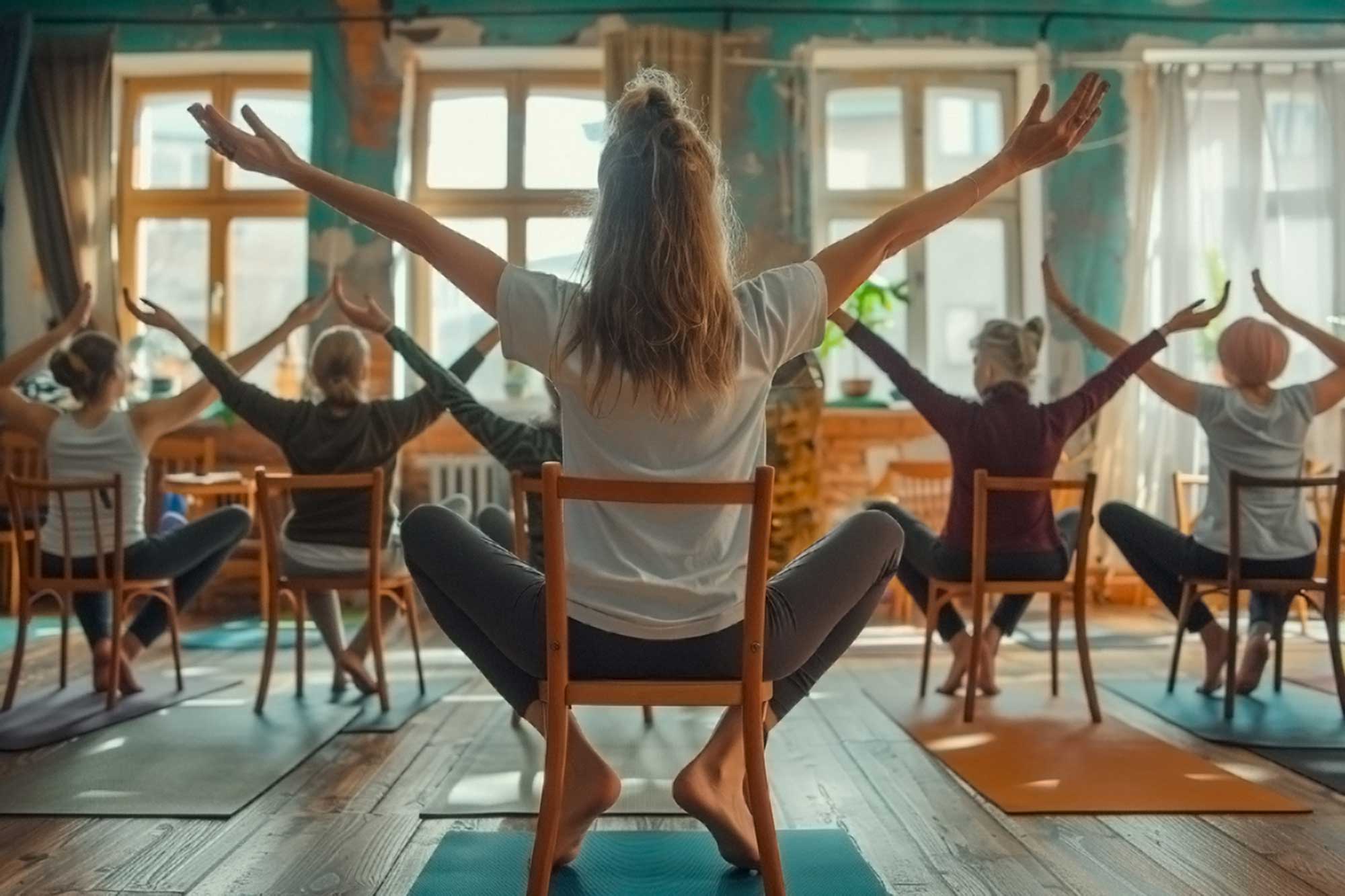 A person leading a group in seated yoga seen from behind.