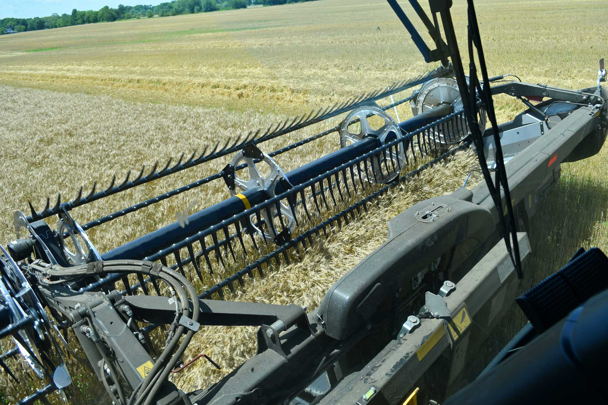 Combine harvesting wheat in a farm field.