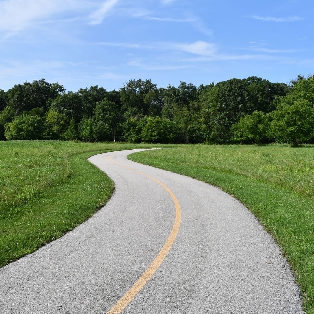 A winding paved trail curves through open green fields toward a dense line of trees under a bright blue sky with wispy clouds.