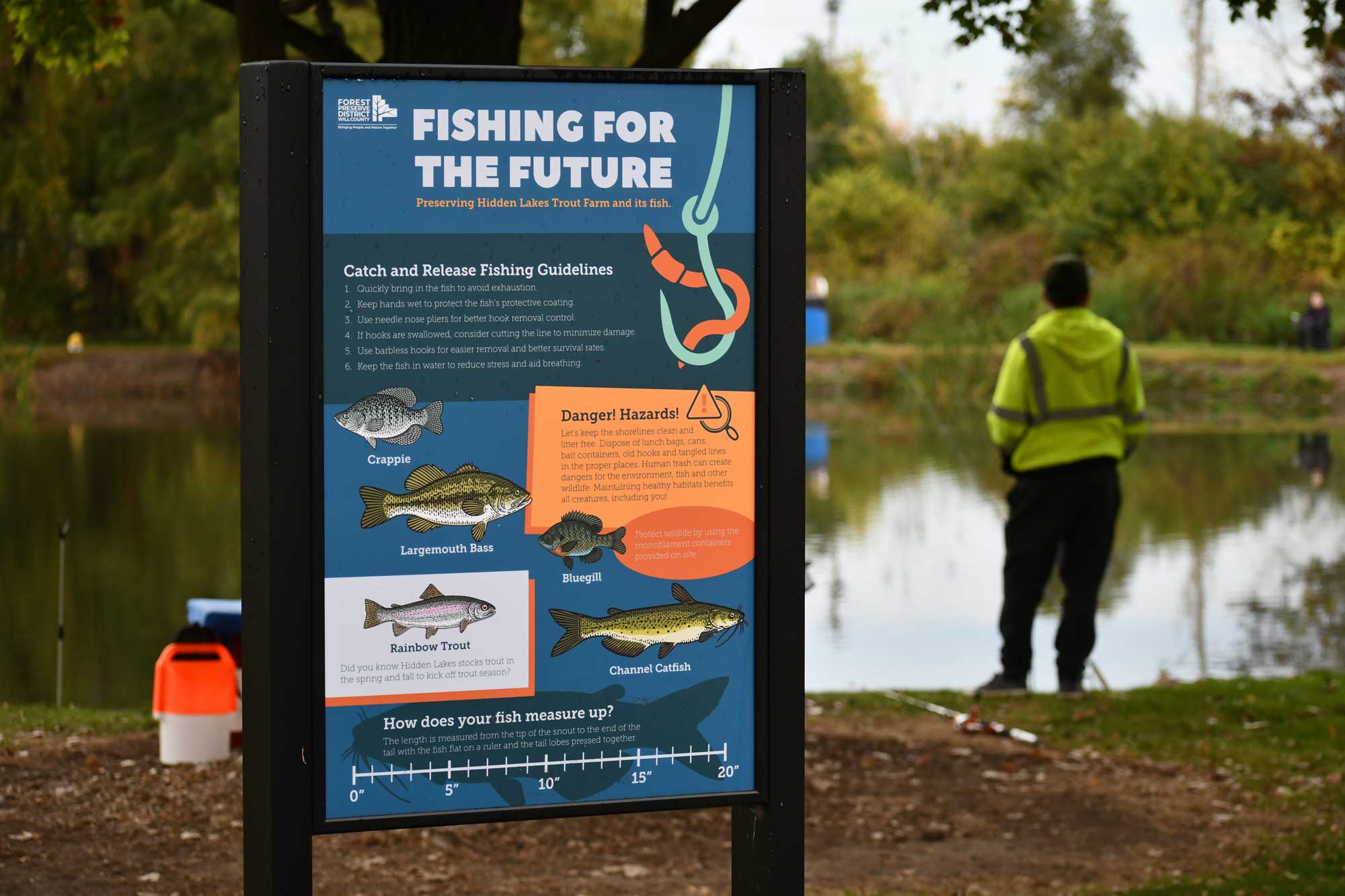 Fishing information sign with person fishing in the background.